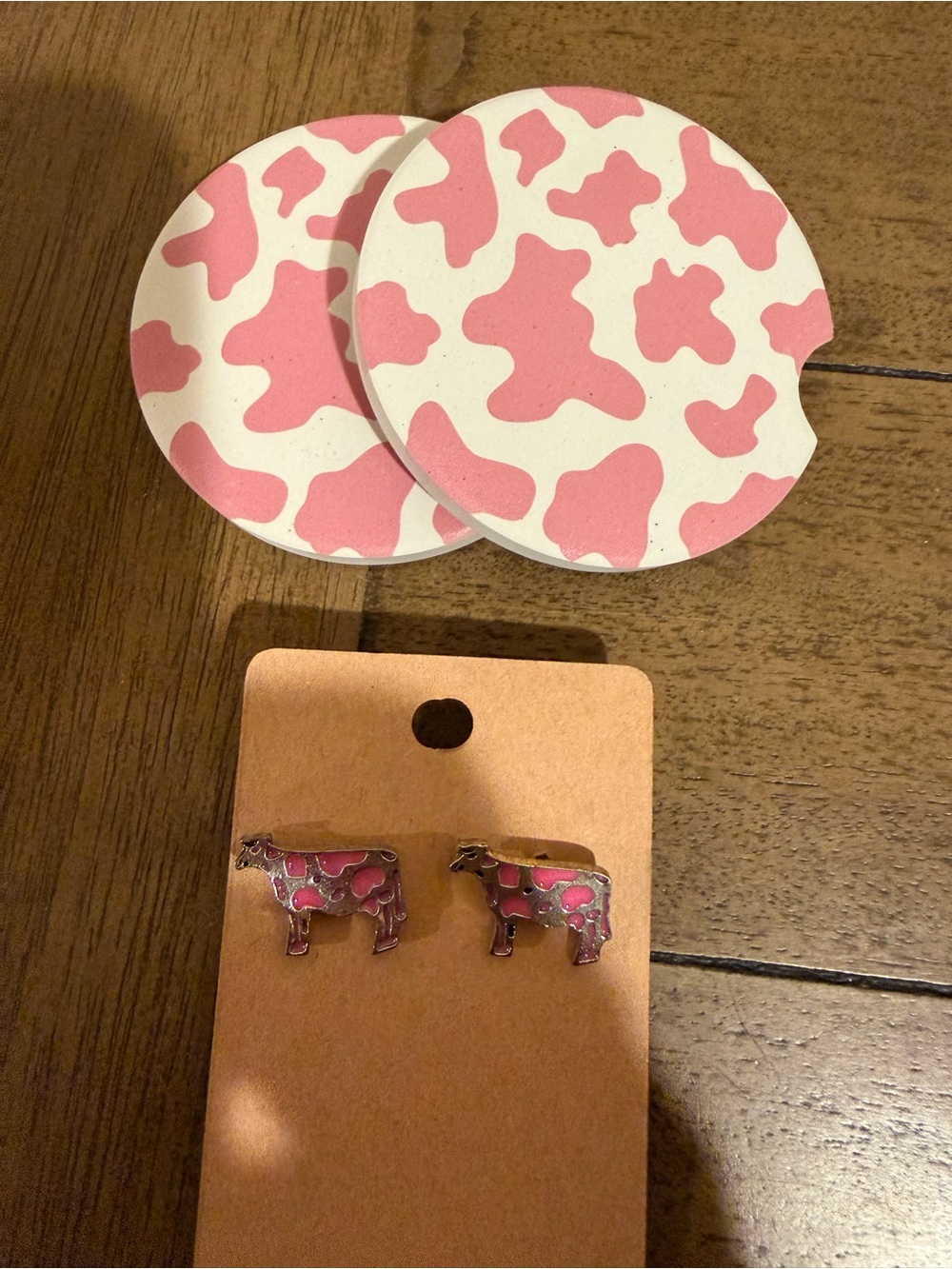Pink and White Cow Pattern Enamel car Coasters and Stud Earrings